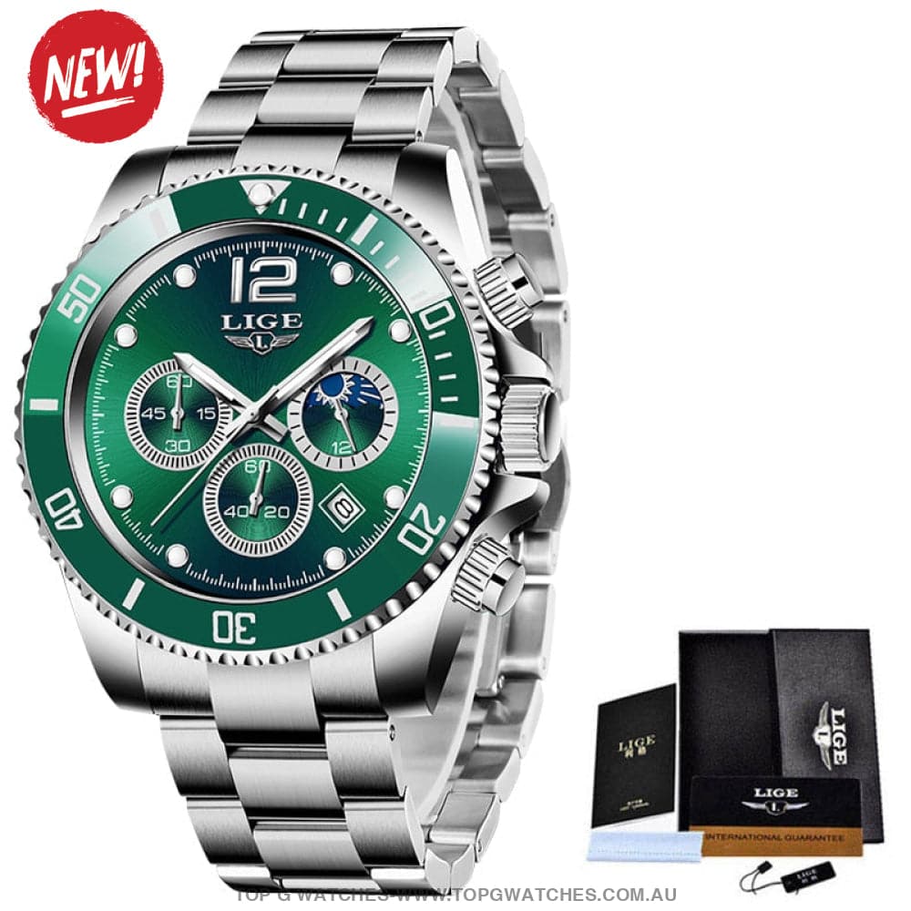 Luxury Lige' 24Hour Moon Phase Sport Waterproof Quartz Chronograph Business Wrist Watch - Top G Watches