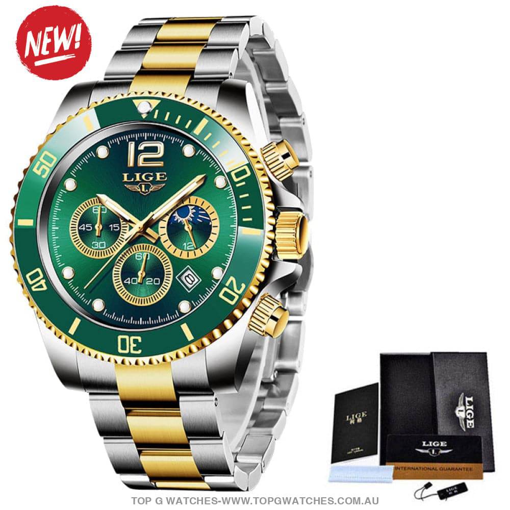 Luxury Lige' 24Hour Moon Phase Sport Waterproof Quartz Chronograph Business Wrist Watch - Top G Watches