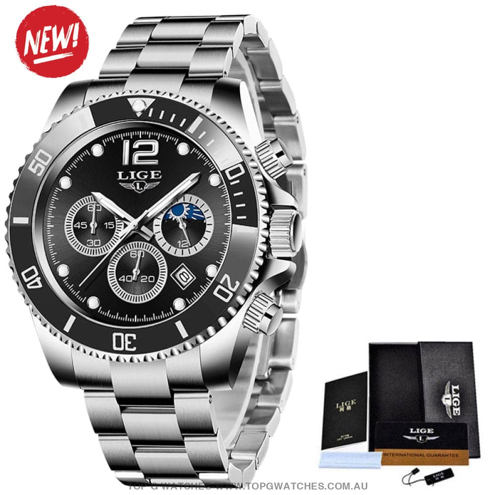 Luxury Lige' 24Hour Moon Phase Sport Waterproof Quartz Chronograph Business Wrist Watch - Top G Watches