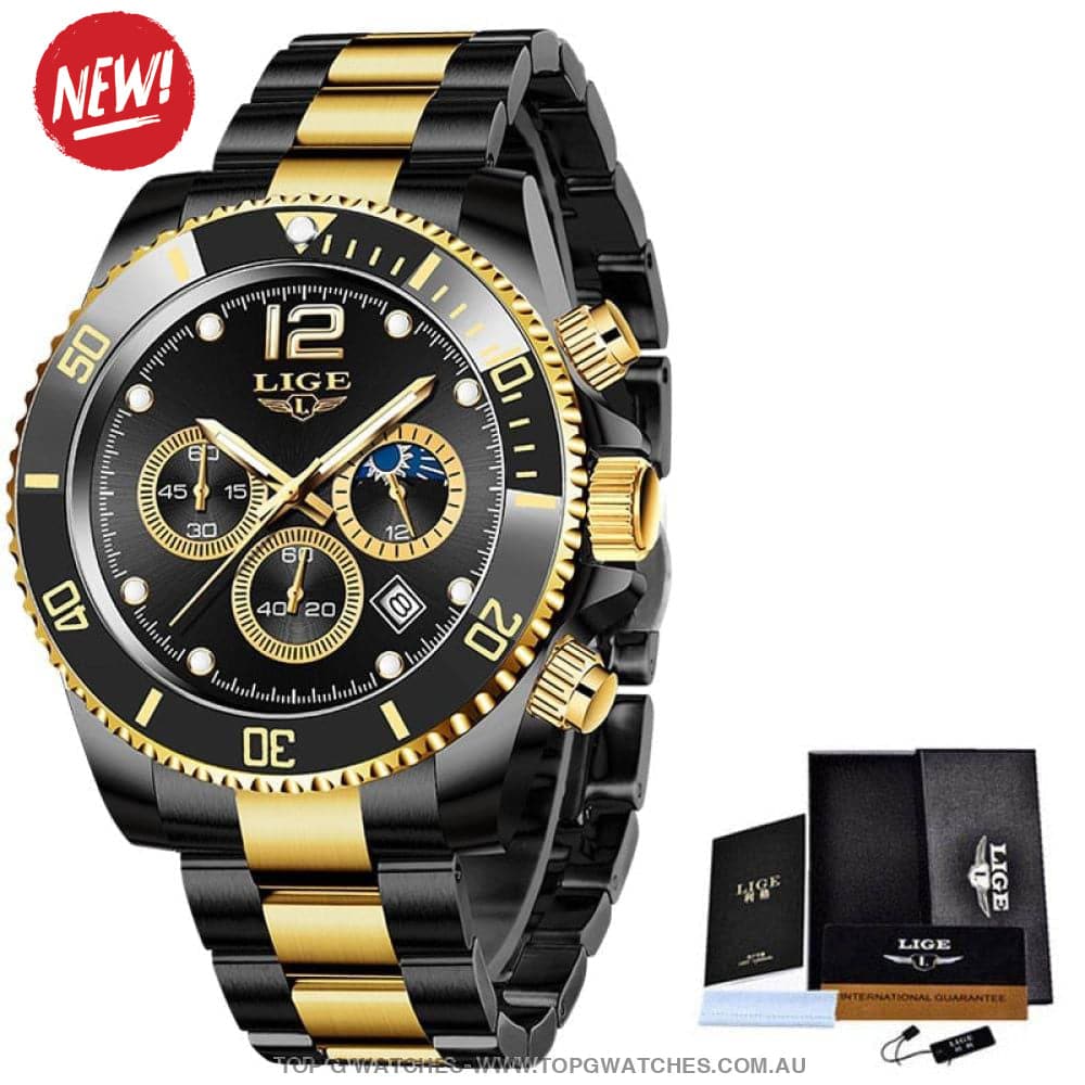 Luxury Lige' 24Hour Moon Phase Sport Waterproof Quartz Chronograph Business Wrist Watch - Top G Watches