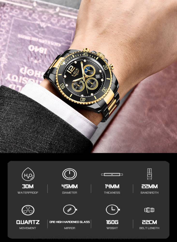 Luxury Lige' 24Hour Moon Phase Sport Waterproof Quartz Chronograph Business Wrist Watch - Top G Watches