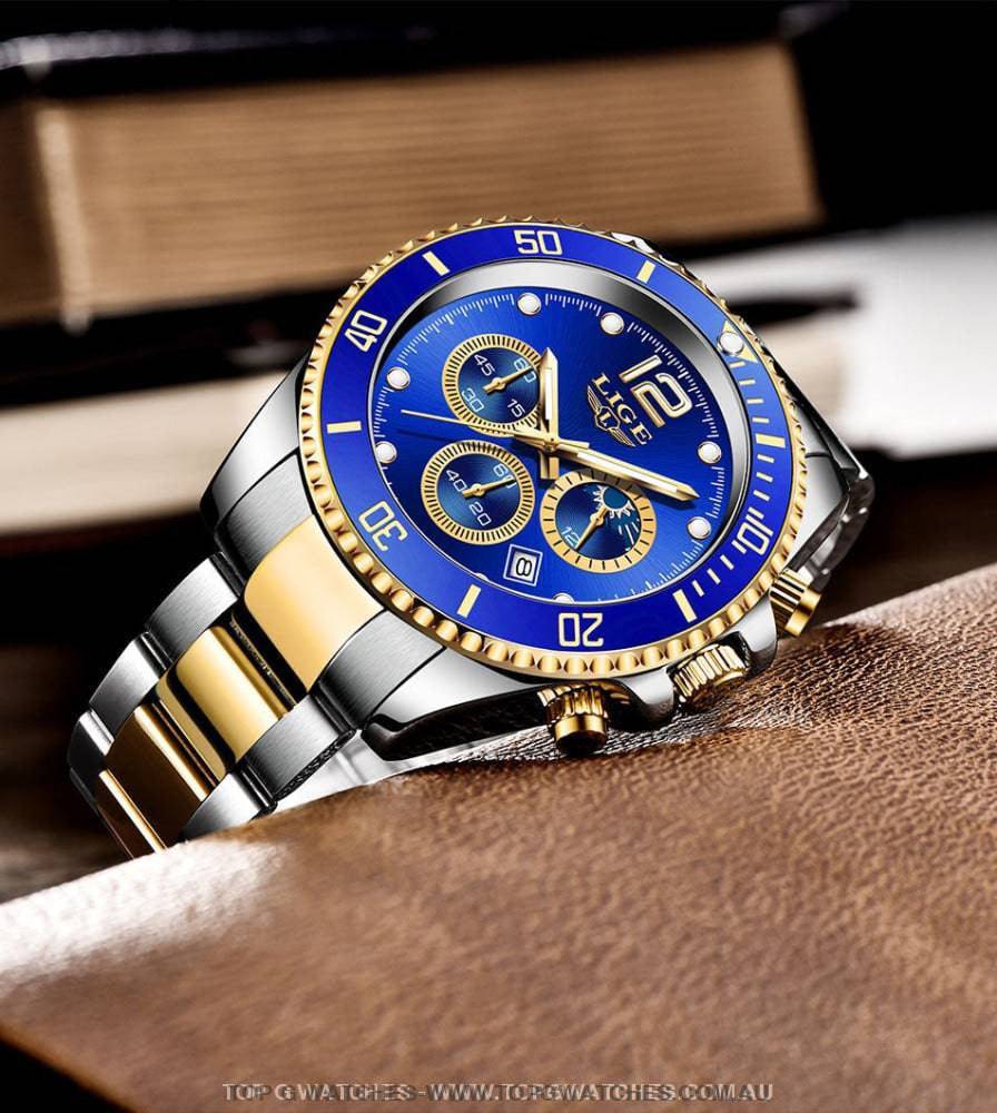 Luxury Lige' 24Hour Moon Phase Sport Waterproof Quartz Chronograph Business Wrist Watch - Top G Watches