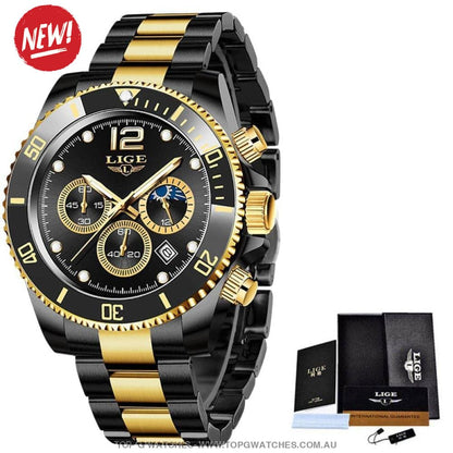 Luxury Lige' 24Hour Moon Phase Sport Waterproof Quartz Chronograph Business Wrist Watch - Top G Watches