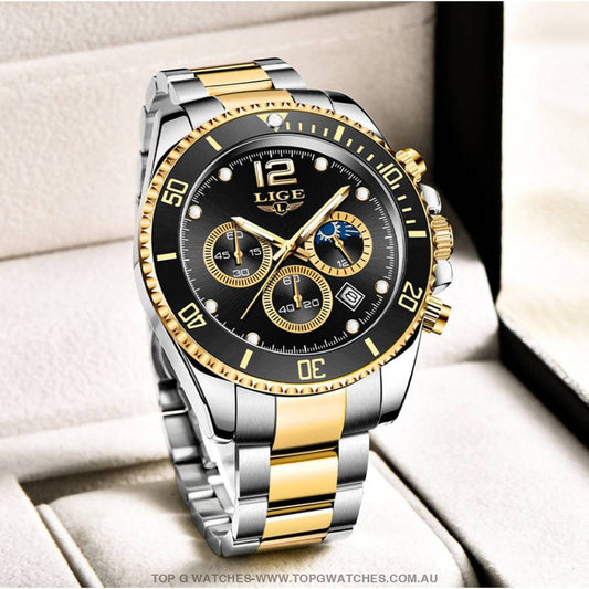 Luxury Lige' 24Hour Moon Phase Sport Waterproof Quartz Chronograph Business Wrist Watch - Top G Watches