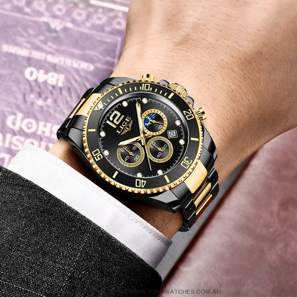 Luxury LIGE Stainless Steel 24Hour Moon Phase Sport Waterproof Quartz Chronograph Business Wrist Watch - Top G Watches