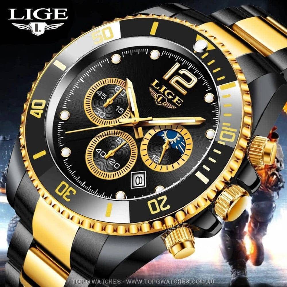 Luxury Lige' 24Hour Moon Phase Sport Waterproof Quartz Chronograph Business Wrist Watch - Top G Watches