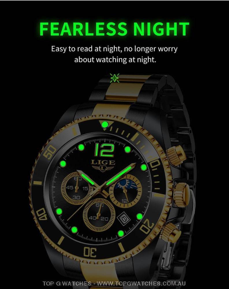 Luxury Lige' 24Hour Moon Phase Sport Waterproof Quartz Chronograph Business Wrist Watch - Top G Watches