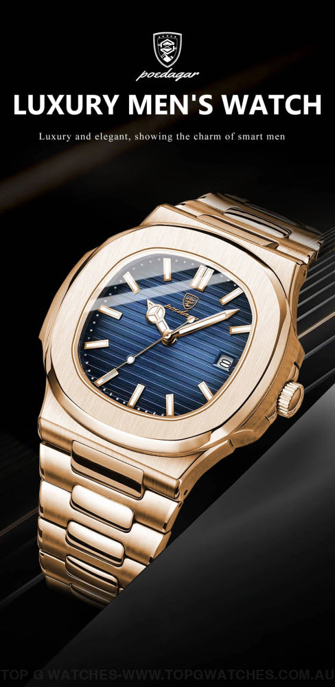 Luxury Rosegold Poedagar Business Luminous Steel Square Quartz Divers Watch - Top G Watches