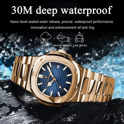Luxury Rosegold Poedagar Business Luminous Steel Square Quartz Divers Watch - Top G Watches