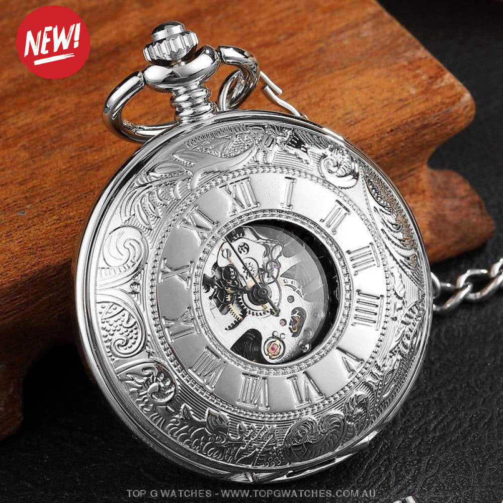 Mechanical Hollow Skeleton Hardware Dial Gold Silver Black Steel Quartz Pocket Chain Watch - Top G Watches