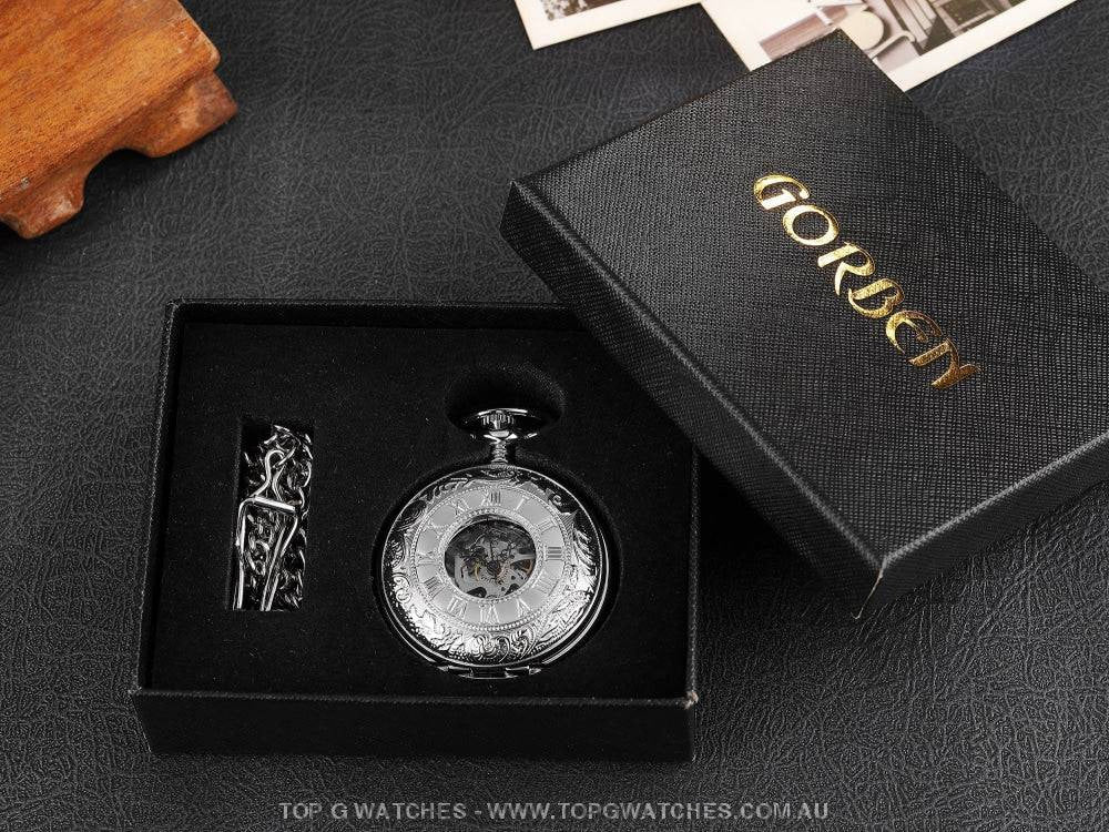 Mechanical Hollow Skeleton Hardware Dial Gold Silver Black Steel Quartz Pocket Chain Watch - Top G Watches