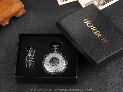 Mechanical Hollow Skeleton Hardware Dial Gold Silver Black Steel Quartz Pocket Chain Watch - Top G Watches