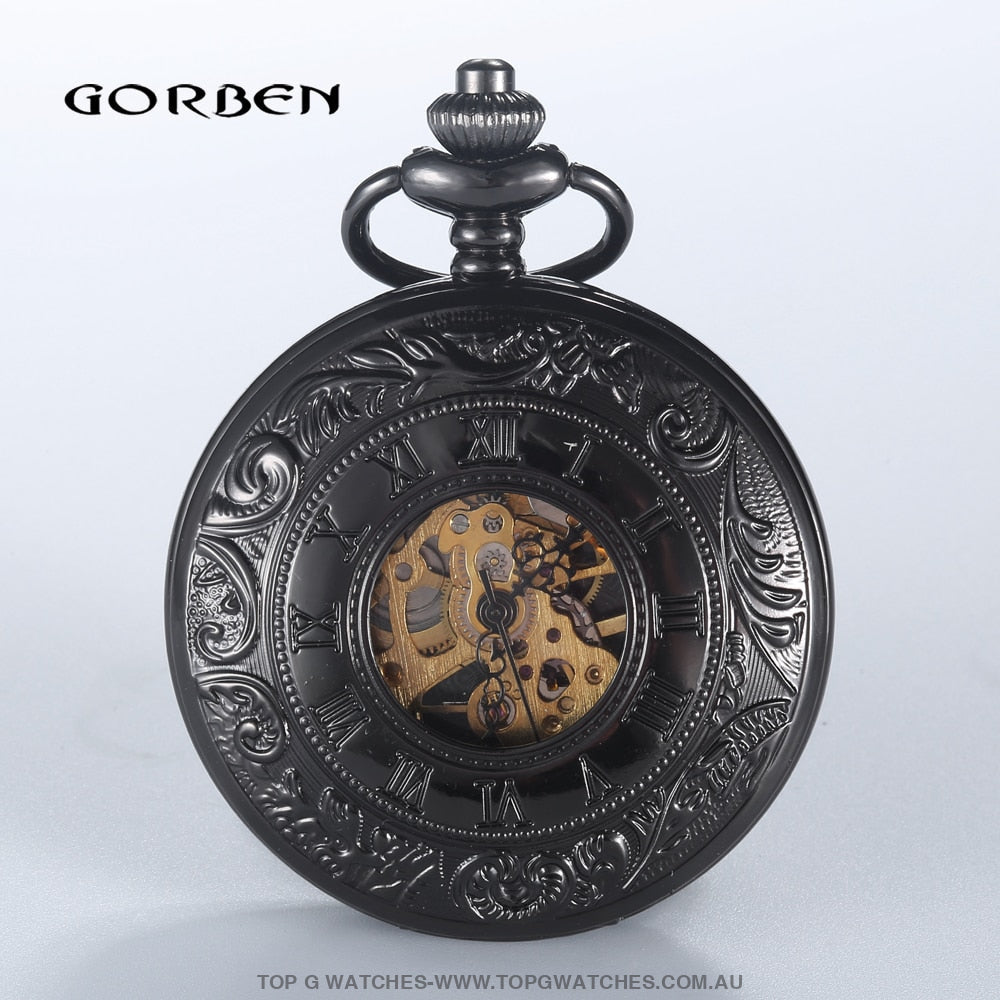 Mechanical Hollow Skeleton Hardware Dial Gold Silver Black Steel Quartz Pocket Chain Watch - Top G Watches