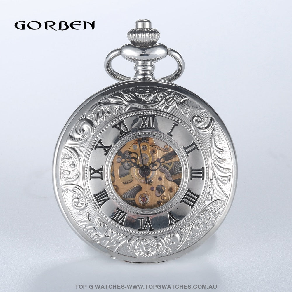 Mechanical Hollow Skeleton Hardware Dial Gold Silver Black Steel Quartz Pocket Chain Watch - Top G Watches
