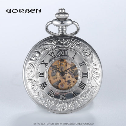 Mechanical Hollow Skeleton Hardware Dial Gold Silver Black Steel Quartz Pocket Chain Watch - Top G Watches