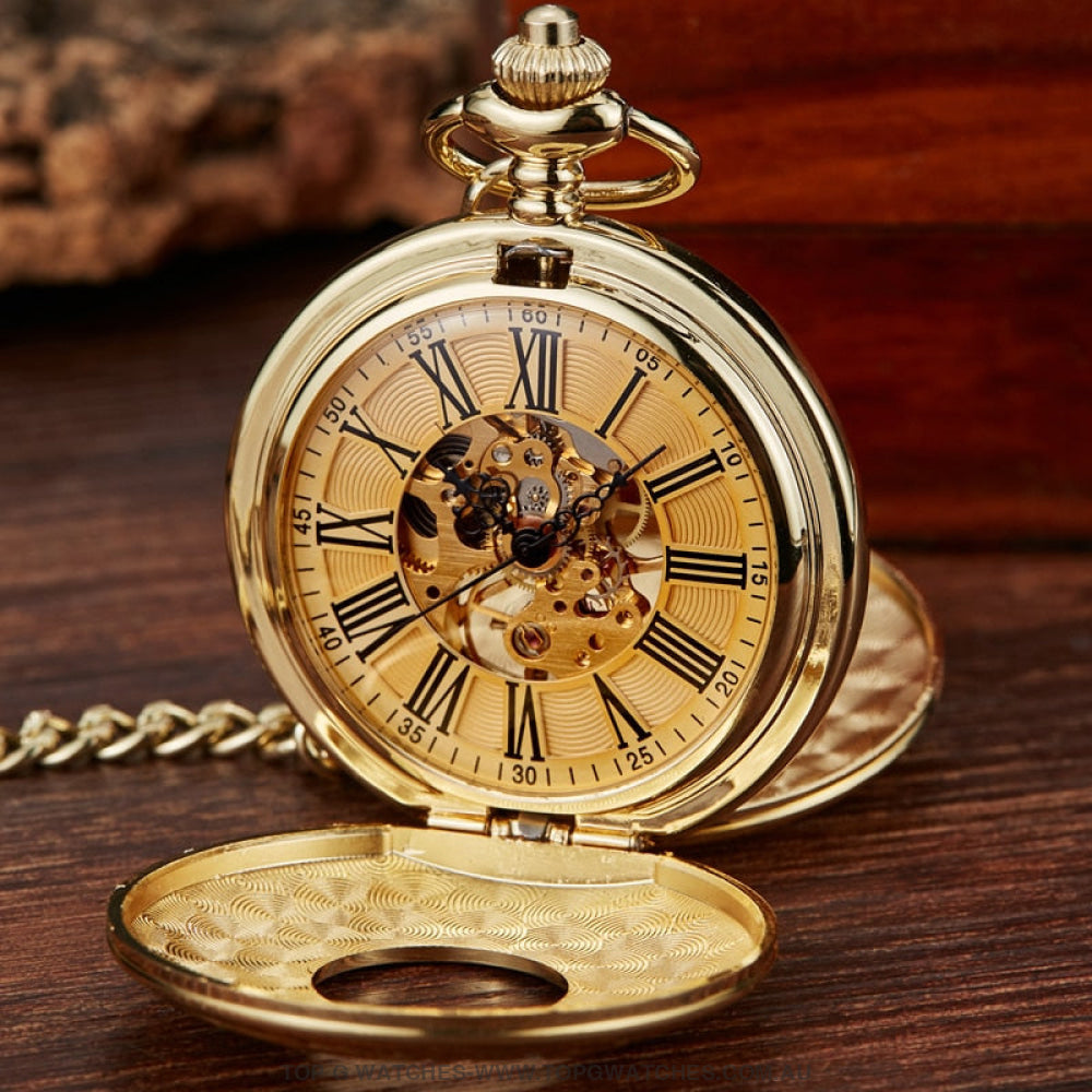 Mechanical Hollow Skeleton Hardware Dial Gold Silver Black Steel Quartz Pocket Chain Watch - Top G Watches
