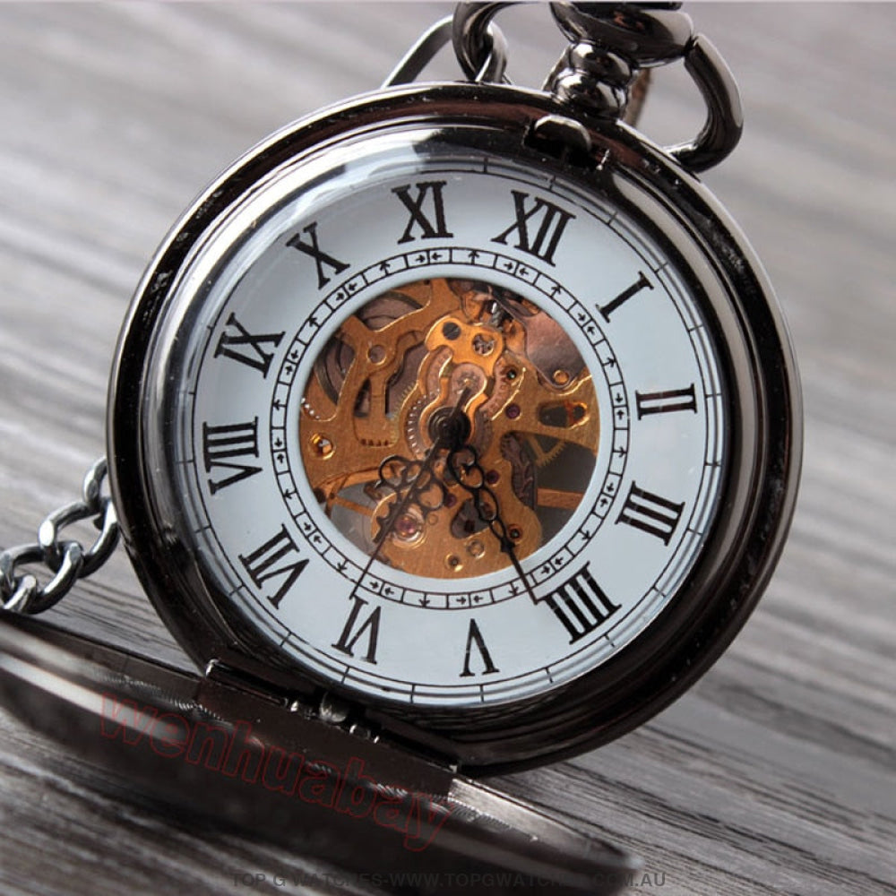 Mechanical Hollow Skeleton Hardware Dial Gold Silver Black Steel Quartz Pocket Chain Watch - Top G Watches