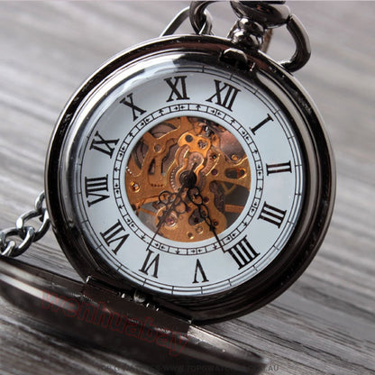 Mechanical Hollow Skeleton Hardware Dial Gold Silver Black Steel Quartz Pocket Chain Watch - Top G Watches