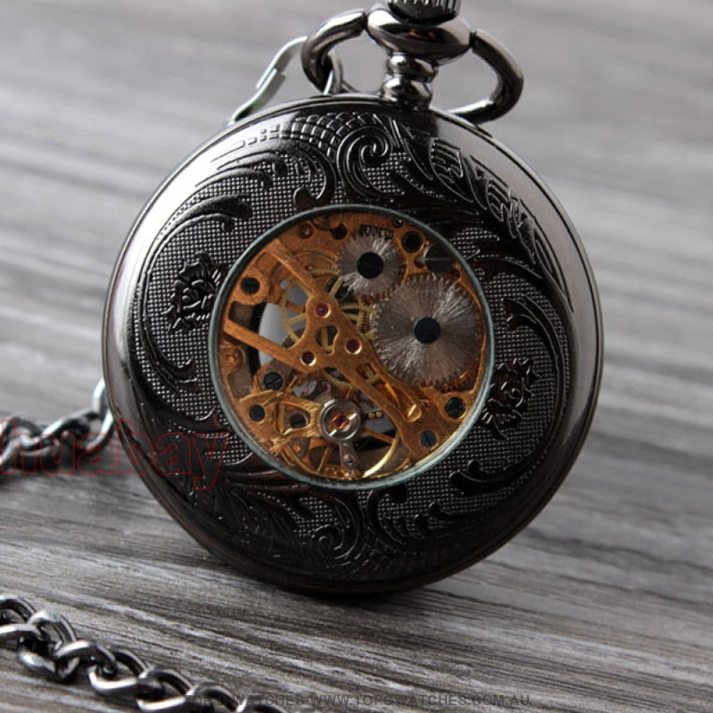 Mechanical Hollow Skeleton Hardware Dial Gold Silver Black Steel Quartz Pocket Chain Watch - Top G Watches