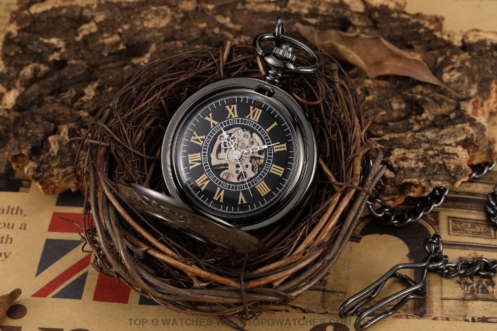 Mechanical Hollow Skeleton Hardware Dial Gold Silver Black Steel Quartz Pocket Chain Watch - Top G Watches