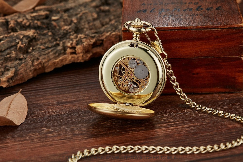Mechanical Hollow Skeleton Hardware Dial Gold Silver Black Steel Quartz Pocket Chain Watch - Top G Watches