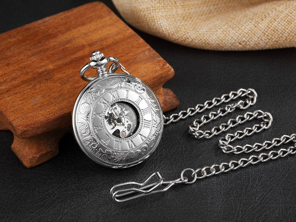 Mechanical Hollow Skeleton Hardware Dial Gold Silver Black Steel Quartz Pocket Chain Watch - Top G Watches