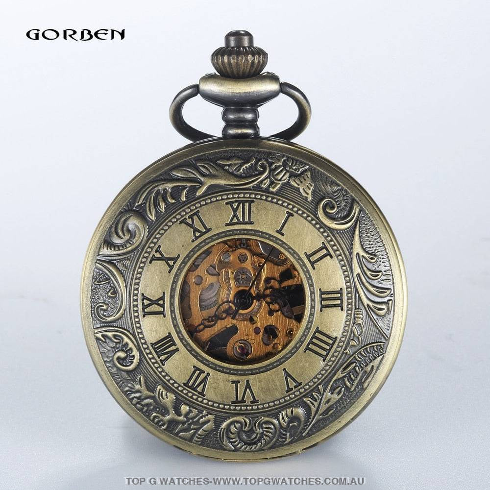 Mechanical Hollow Skeleton Hardware Dial Gold Silver Black Steel Quartz Pocket Chain Watch - Top G Watches