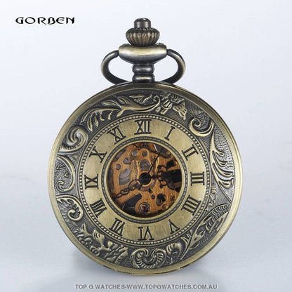 Mechanical Hollow Skeleton Hardware Dial Gold Silver Black Steel Quartz Pocket Chain Watch - Top G Watches