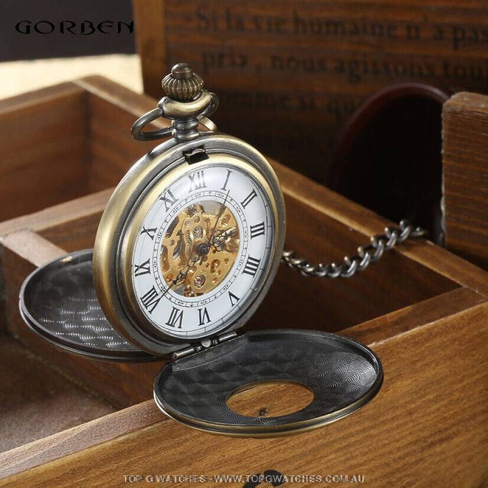 Mechanical Hollow Skeleton Hardware Dial Gold Silver Black Steel Quartz Pocket Chain Watch - Top G Watches