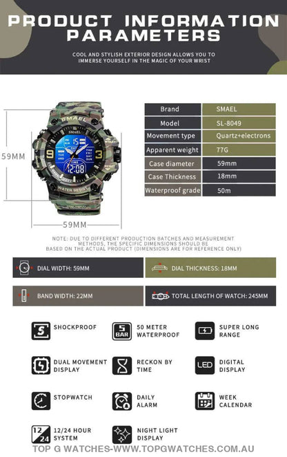 Military Digital Duel SMAEL LED 50m Waterproof LED Stopwatch 8049B Sports Wristwatch - Top G Watches