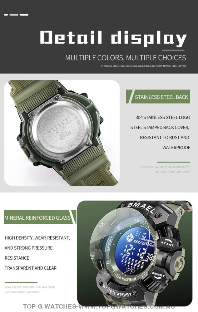 Military Digital SMAEL LED 50m Waterproof LED Stopwatch 8050 Sports Wristwatch - Top G Watches