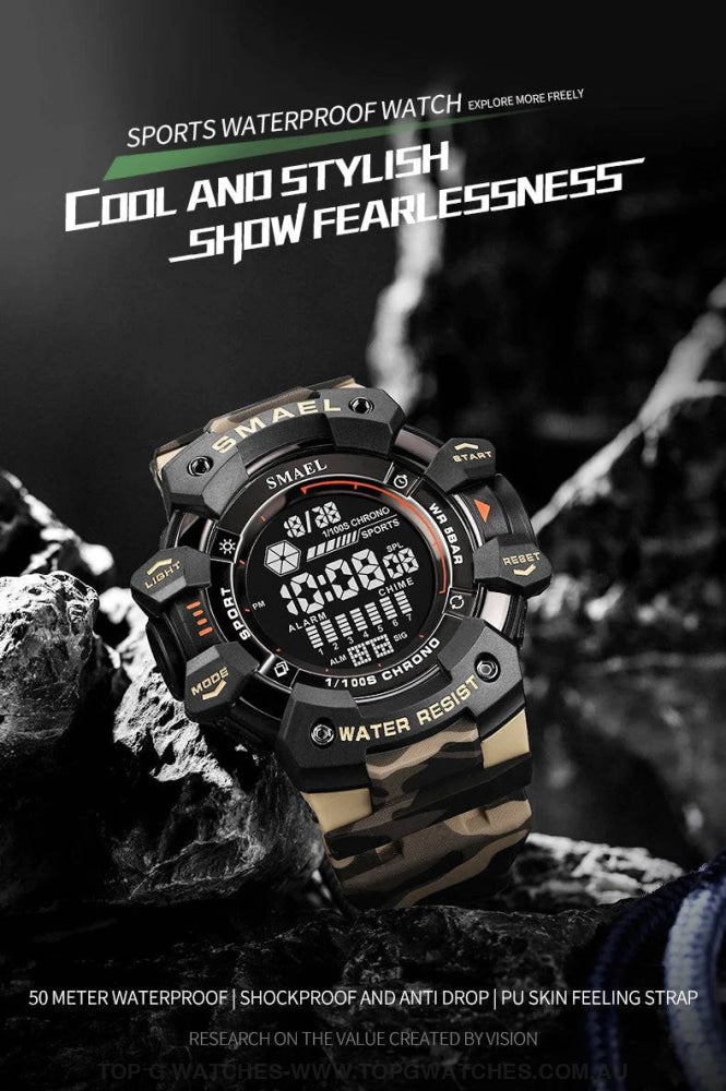 Military Digital SMAEL LED 50m Waterproof LED Stopwatch 8050 Sports Wristwatch - Top G Watches