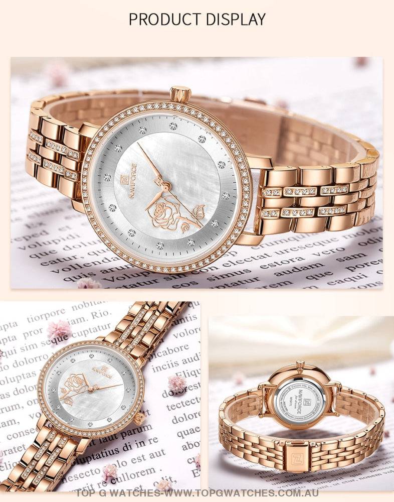 Blooming Rose Jewel RoseGold Elegant Naviforce Design Ladies Bracelet Watch - Top G Watches