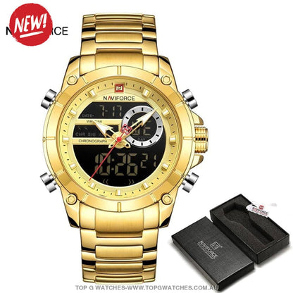 Gold NaviForce Men Sports Dual Analogue Quartz Digital 3ATM Waterproof Watch - Top G Watches
