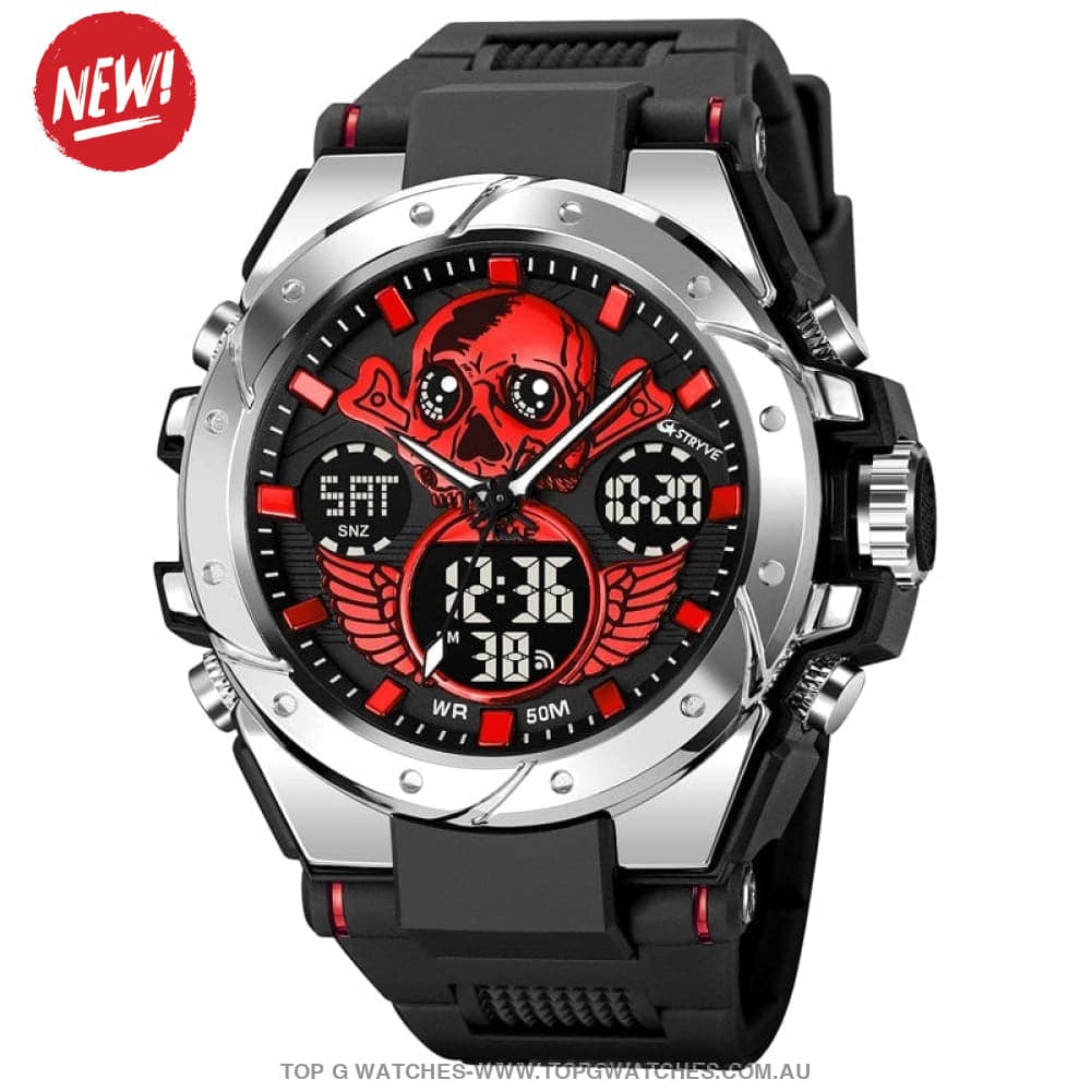 New Gold STRYVE Skull Concept Digital-Analog Dual Display Stopwatch Multifunction 50M Waterproof Sports Fashion Divers Watch - Top G Watches
