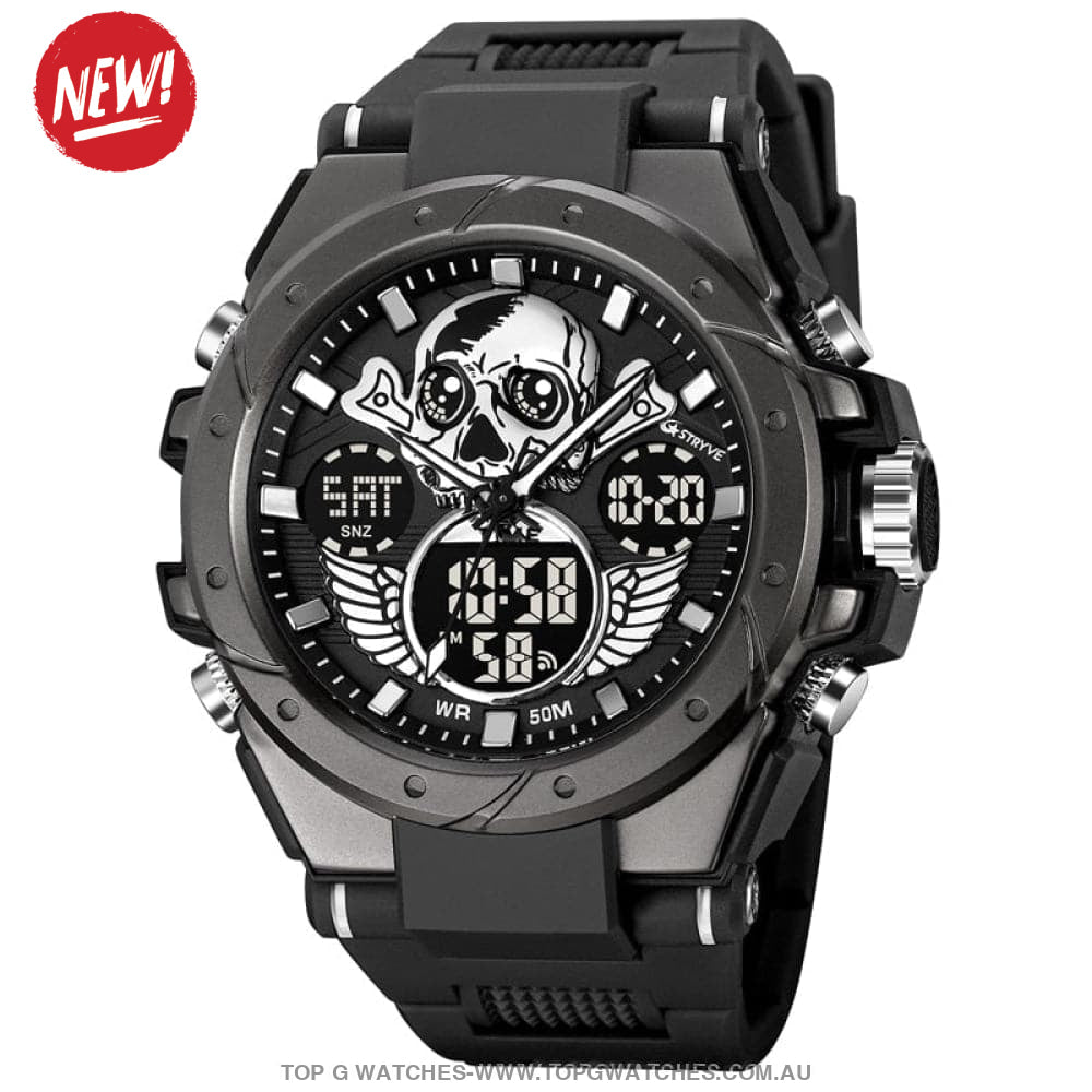 New Gold STRYVE Skull Concept Digital-Analog Dual Display Stopwatch Multifunction 50M Waterproof Sports Fashion Divers Watch - Top G Watches