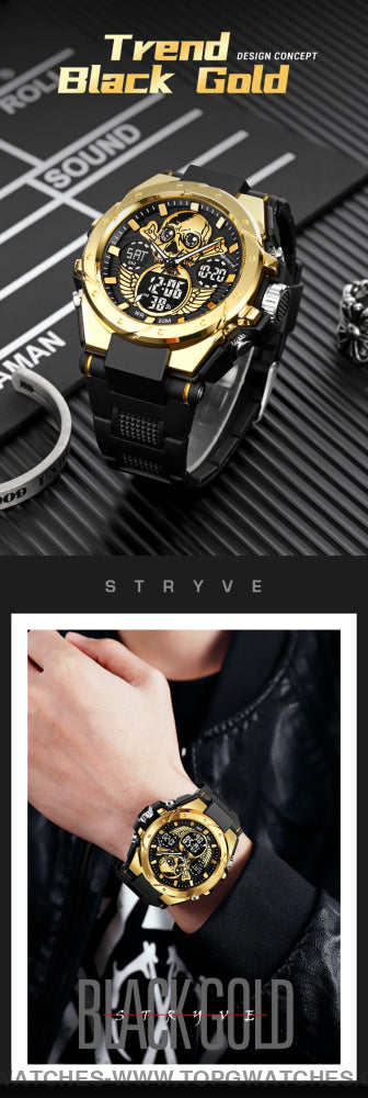 New Gold STRYVE Skull Concept Digital-Analog Dual Display Stopwatch Multifunction 50M Waterproof Sports Fashion Divers Watch - Top G Watches