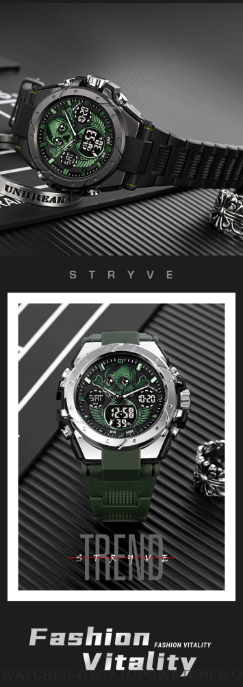 New Gold STRYVE Skull Concept Digital-Analog Dual Display Stopwatch Multifunction 50M Waterproof Sports Fashion Divers Watch - Top G Watches