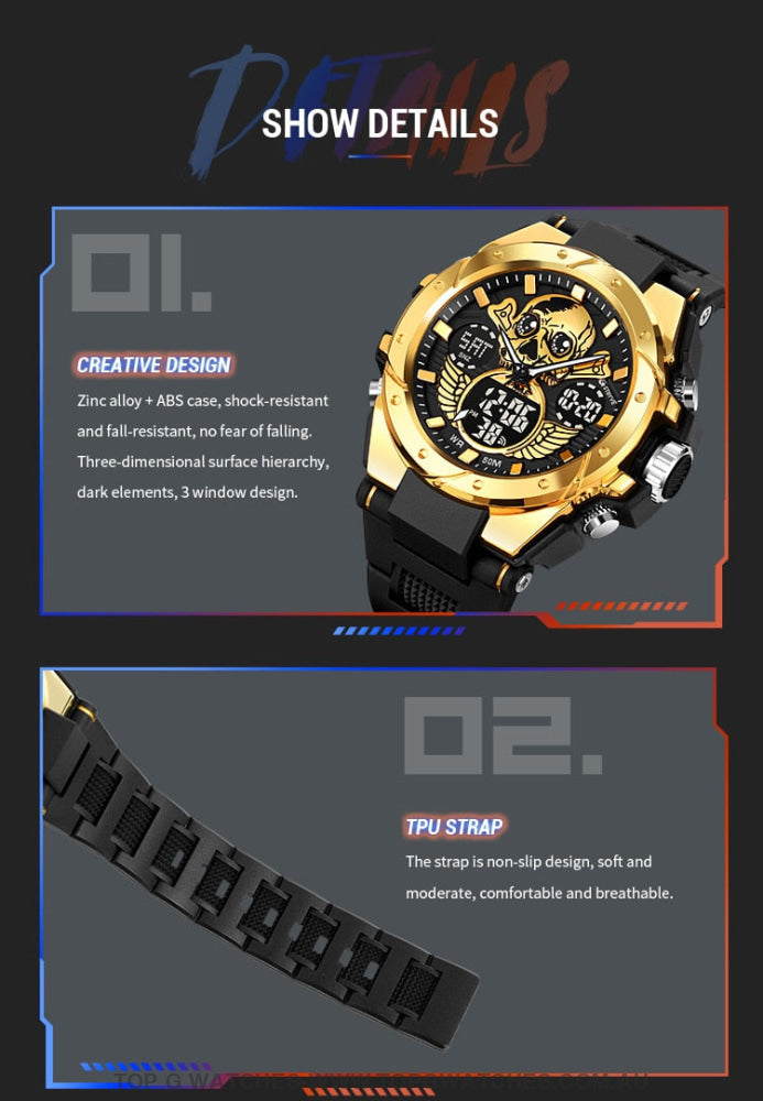 New Gold STRYVE Skull Concept Digital-Analog Dual Display Stopwatch Multifunction 50M Waterproof Sports Fashion Divers Watch - Top G Watches