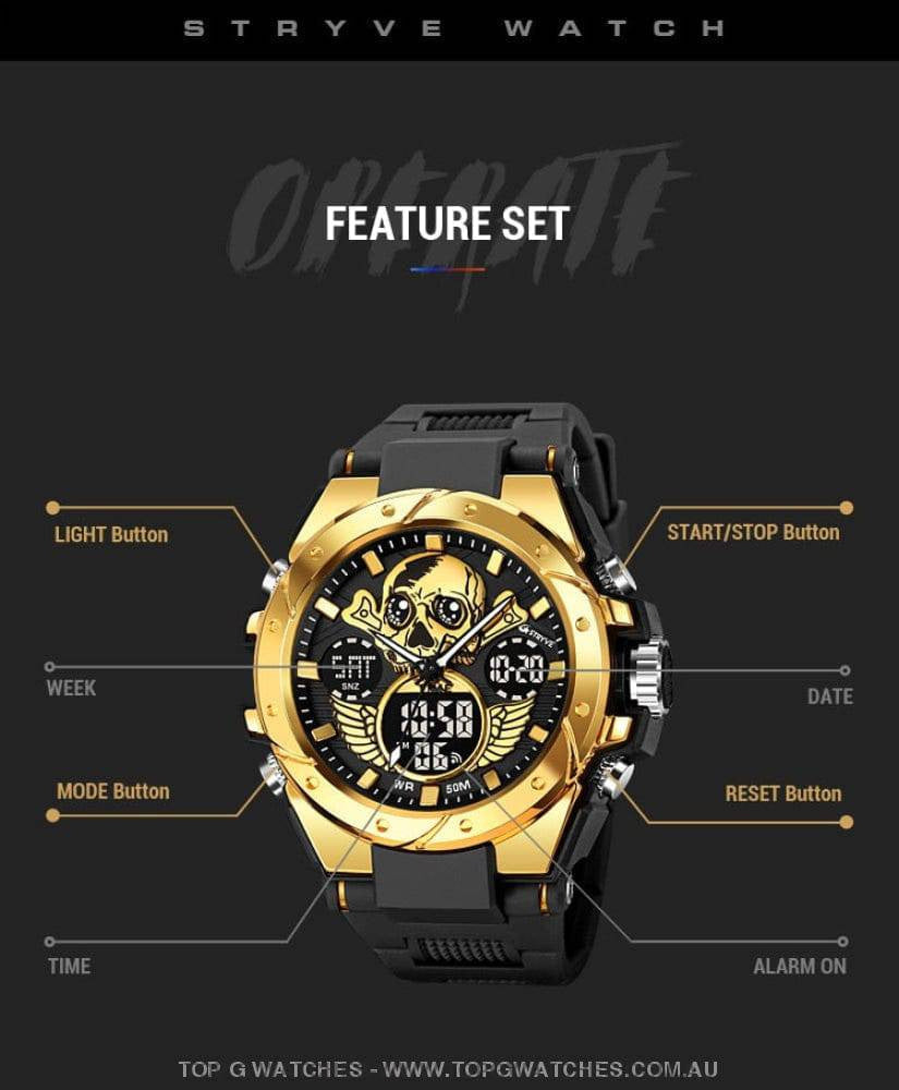 New Gold STRYVE Skull Concept Digital-Analog Dual Display Stopwatch Multifunction 50M Waterproof Sports Fashion Divers Watch - Top G Watches