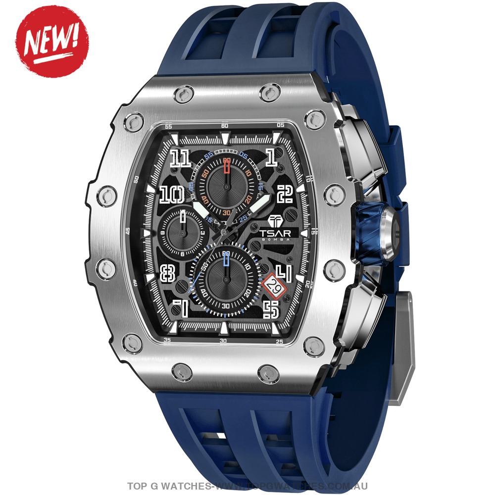 Official TSAR Bomba Watch Quartz Movement Waterproof Watch TB8204Q Silver Blue - Top G Watches
