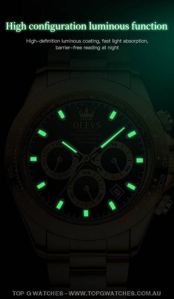 Elite Gold Luxury Olevs Automatic Mechanical 30m Business Casual Chronograph Wristwatch - Top G Watches