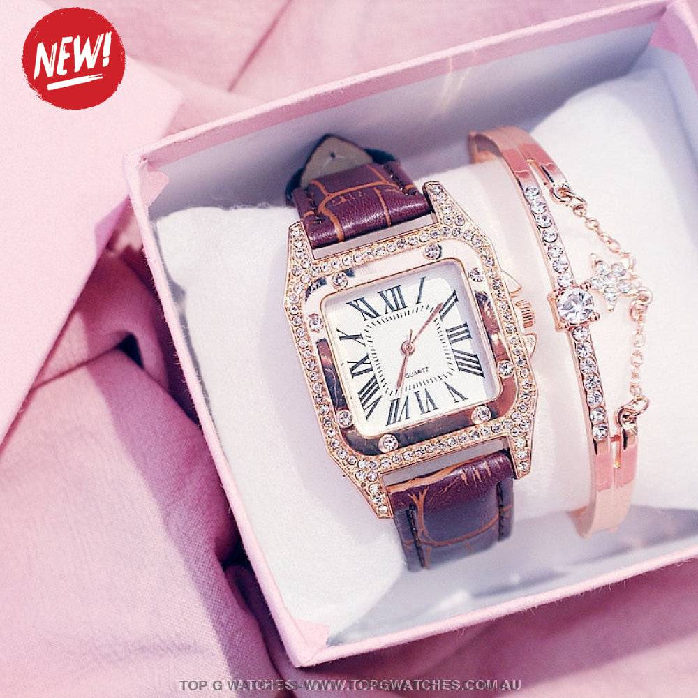 Beautiful Diamond Fashion Square Dial Quartz Ladies' Leather Wristwatch & Bracelet Combo - Top G Watches