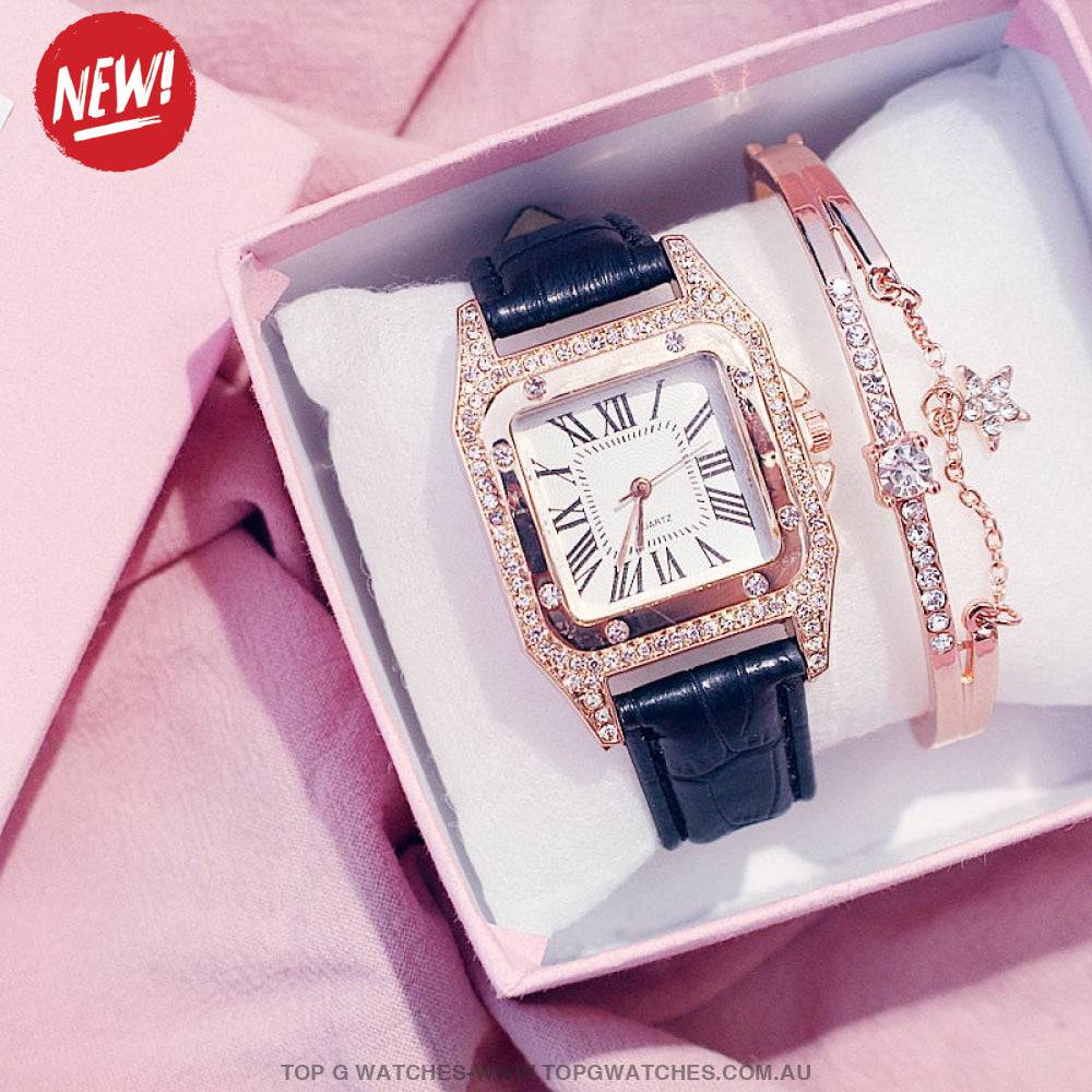 Beautiful Diamond Fashion Square Dial Quartz Ladies' Leather Wristwatch & Bracelet Combo - Top G Watches
