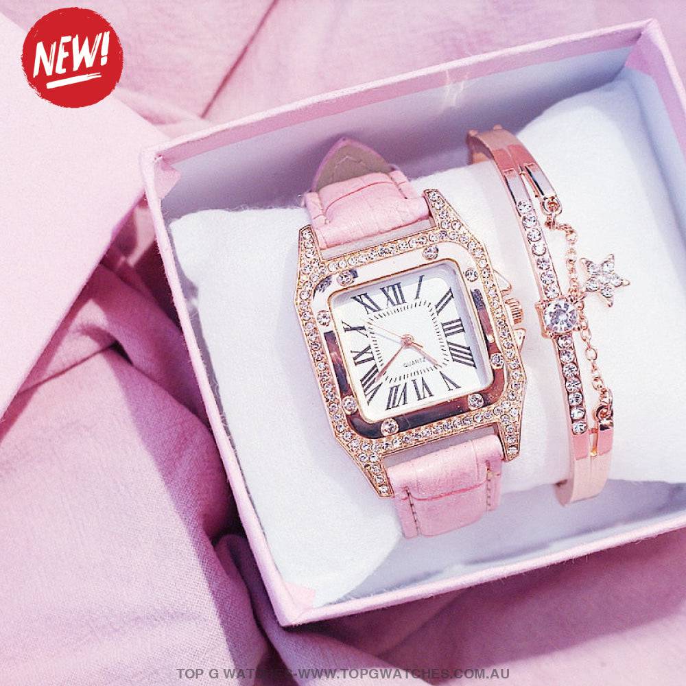 Beautiful Diamond Fashion Square Dial Quartz Ladies' Leather Wristwatch & Bracelet Combo - Top G Watches
