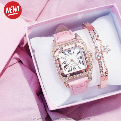Beautiful Diamond Fashion Square Dial Quartz Ladies' Leather Wristwatch & Bracelet Combo - Top G Watches