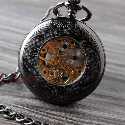 Mechanical Hollow Skeleton Hardware Dial Gold Silver Black Steel Quartz Pocket Chain Watch - Top G Watches