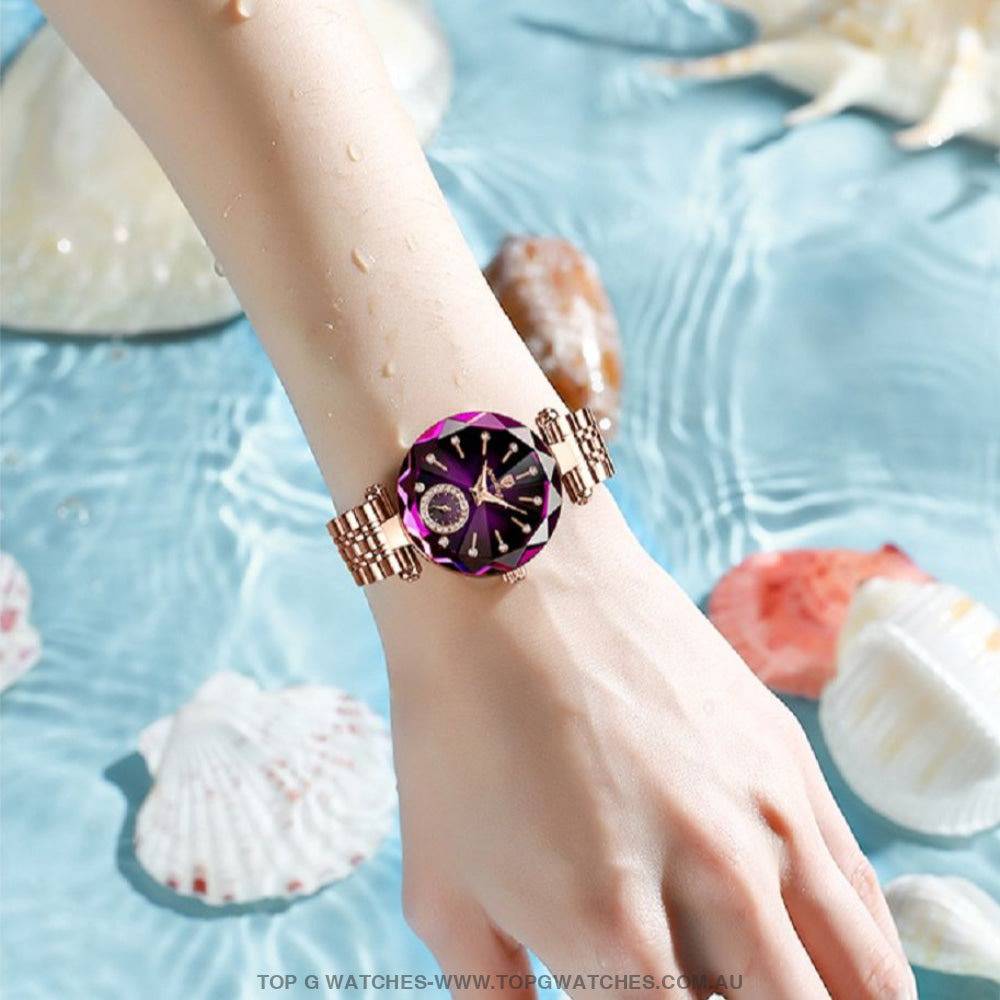 RoseGold Poedagar Amethyst Emerald Elegant Waterproof Diamond Ladies' Quartz Wristwatch - Top G Watches