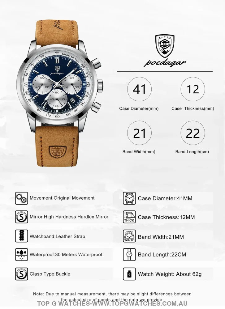 Poedagar Luxury Chronograph 3ATM Luminous Military Sport Leather Men's Wristwatch - Top G Watches