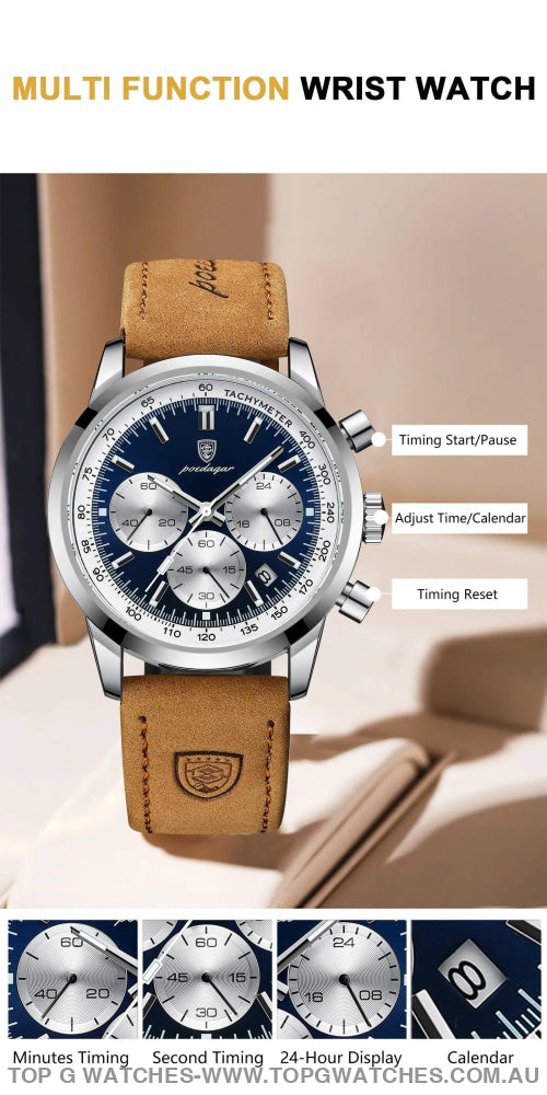 Poedagar Luxury Chronograph 3ATM Luminous Military Sport Leather Wristwatch - Top G Watches